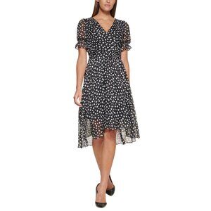 NWT Tommy Hilfiger Womens Tie Front Chiffon Polka-Dot Midi Dress Black / Cream 6